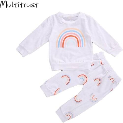 2020 Infant Toddler Baby Girls Rainbow Clothes Long Sleeve Pullover Sweatshirt Tops + Ruffle Pants 2pcs Fall Winter Outfits Set