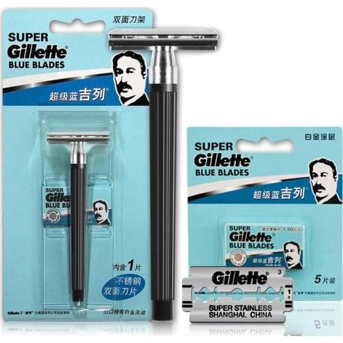 Gillette Super Blue Men Shaving Razors 1 Holder with 1 Blade +5 Blades Official Authentic Shavors Safety Razors