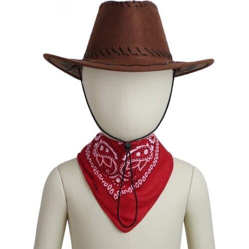 Wild West Cowboy Set Pink Dozen Paisley Bandanna Head Scarf Felt Cowboy Cap Hat with Adjustment Buckle Kids Cosplay Accessory