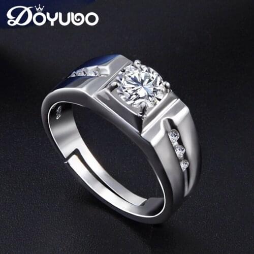DOYUBO Hot Sale Mens Pure Silver CZ Rings With 6.2mm White Cubic Zircon Adjustable Size Male S925 Silver Rings Jewelry VB268