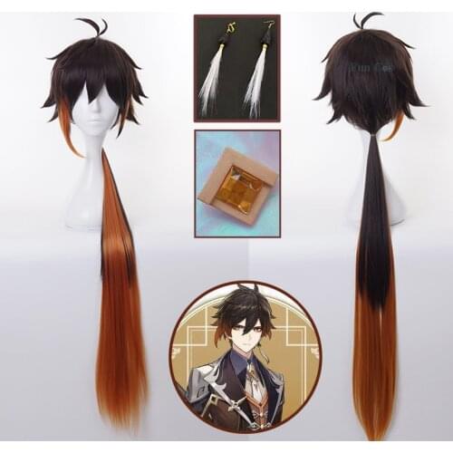 Game Genshin Impact Zhong Li Cosplay Wig Anime Long Wig Earring Hairpin Heat Resistant Fiber Hair Wig Cap Halloween Party Adults