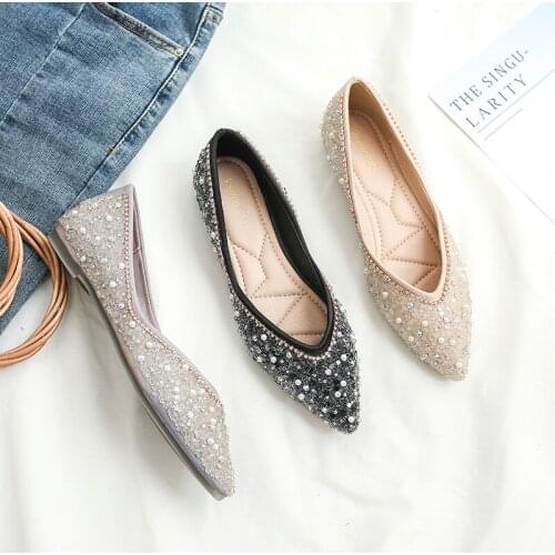 Spring/Autumn casual crystal pearl flats woman loafers sneakers women shoes beads ballerina pointed toe soft bottom moccasins