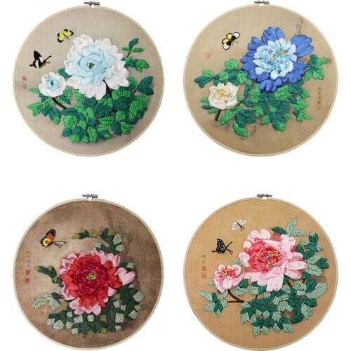 3D Flower Floral Butterfly Beginner Hand-stitched Craft Ribbon Embroidery Kit Printed Needlework Cross Stitch Set Thread Tools