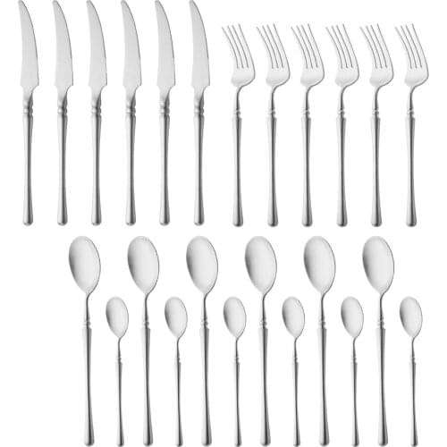 24Pcs/6Set Matte Silver Dinnerware Set 18/10 Stainless Steel Knife Fork Spoon Silverware Cutlery Set Tableware Flatware Set