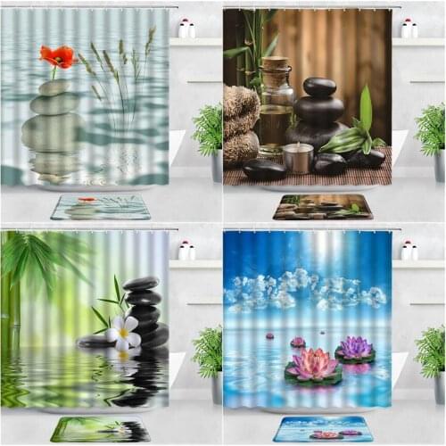 Zen Green Bamboo Garden Scenery Shower Curtains and Bath Mats Set Black Stone Pink Lotus Non-slip Carpet Bathroom Rugs Door Pad