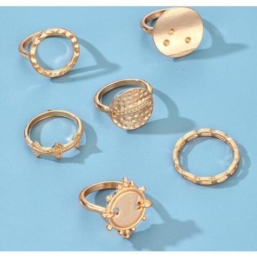 Meetvii 6pcs/set Gold Color Women Fashion Rings Exaggerated Circular Disc Geometric Carving Ring Set Wedding Jewelry