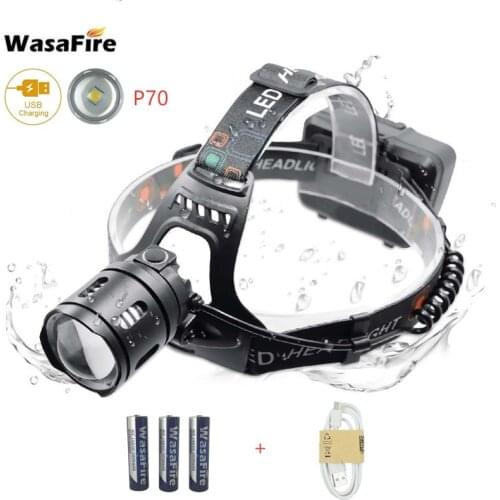 Zoomable P70 Headlamp 5000 Lumens USB Rechargeable Headlight Powerful LED Head Torch Lamp Waterrpoof Forehead Flashlight + 18650