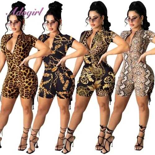 Sexy Leopard Snake Print Short Sleeve Deep V Neck Short Jumpsuit Women Summer 2021 Outfit Streetwear Party Club Rompers Overalls
