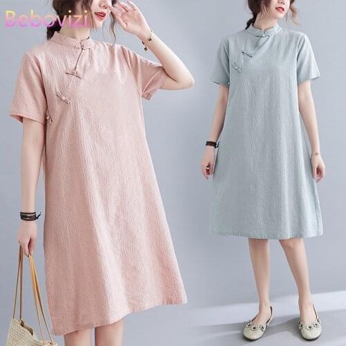 Cotton Linen Yellow Pink White Blue Loose Modern Cheongsam Oriental Dress Women Short Sleeve Qipao Traditional Chinese Clothes