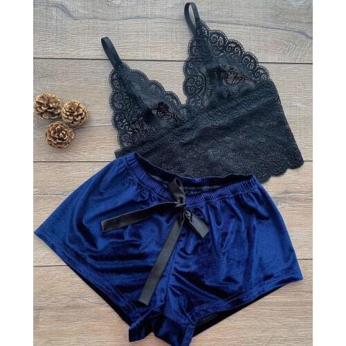 Sexy Pajamas French Triangle Cup Gold Velvet Shorts Sexy Lace Lingerie Set