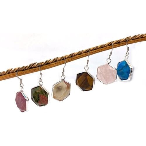 1 Pair Natural Stone Earrings Hexagonal Multicolor Gemstone Jewelry Edging DIY Handmade Ear Studs Pendant Accessories Charm