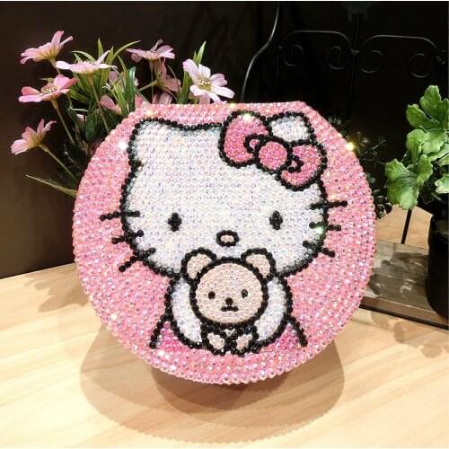 Bling Makeup Organizer PU Leather Rhinestone Helloo Kitty Jewelry Box Pink Earings Trinket Storage Handmade Makeup Storage Box