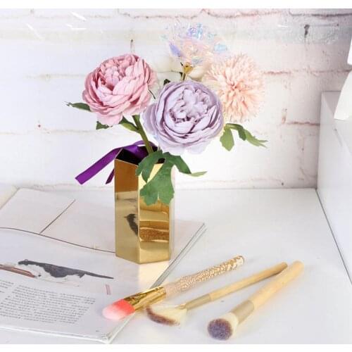 Nordic Gold Pen Holder Vase Hexagonal Shape Diamond Makeup Brush Storage Box Organizer Golden Flower Vase Metal Table Decoration