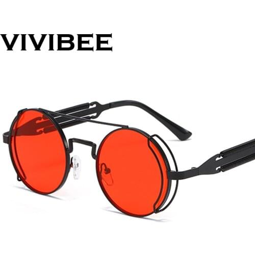 VIVIBEE Steampunk Sunglasses Men Round Red Lens Punk Sun Glasses Black Metal Gothic Style 2021 New Products Women UV400 Shades