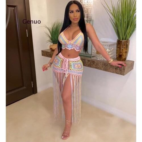 Crochet Knitted Beach Dress Sexy Women Bra + Long Tassel Skirts 2 Piece Bikini Set Swimwear Cover Up