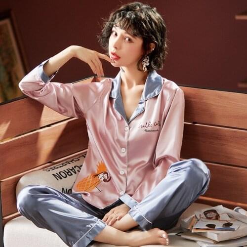 Plus Size Womens Silk Satin Pajamas Flora Print Pyjamas Set Long Sleeve Sleepwear Pijama Suit Female 2 Piece Nightie Lounge Wear