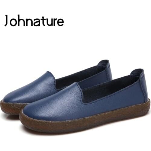 Johnature 2020 New Spring/autumn Genuine Leather Round Toe Solid Soft Sole Shallow Sewing Slip On Shoes For Women Flats Loafers