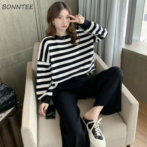 Womens Sets Autumn Long Sleeve Striped knitted O-Neck High Waist Pants Wide Leg Casual Daily Loose Plus Size 3XL Femme Trendy