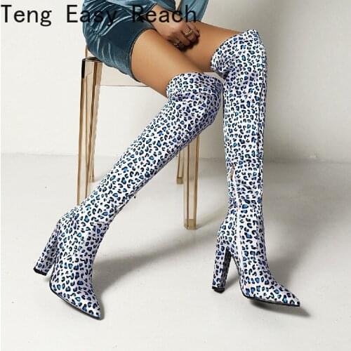 2021Sexy Color knee high boots winter fashion zip ladies boots thick heels Pointed Toe women boots blue yellow Big size 34-43