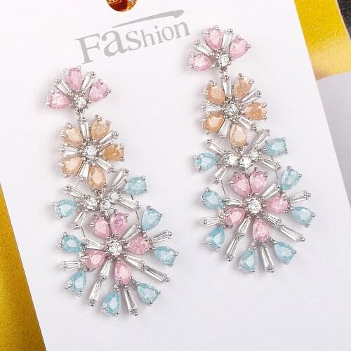 TIRIM Luxury Flower Colorful Cubic Zirconia Dangle Earrings for Women Trendy Bohemian Candy Crystal Drop Earing Fashion Jewelry