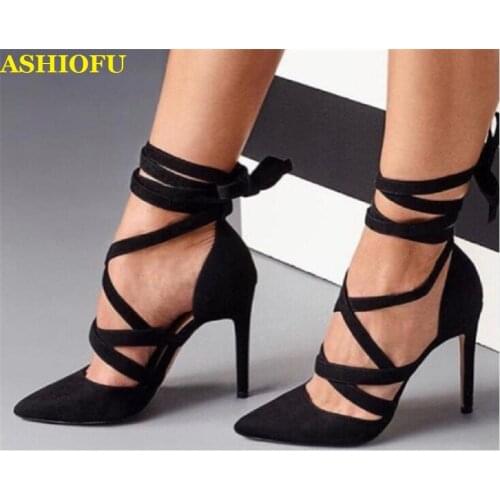 ASHIOFU Handmade Ladies High Heel Pumps Ankle-wraps Party Prom Dress Shoes Casual Daily Wear Fashion Evening Court Shoes