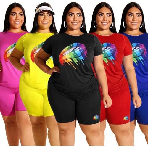 Plus Size 2 Piece Short Sets Womens Outfits Printed Rainbow Lip O Neck T-shirt + Short Pants Summer Casual Maxi Clothings S-5XL