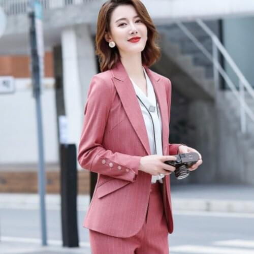 High Quality 2 Piece Set Striped Formal Pant Suit with Big Pockets Blazer Office Lady Women Business Jacket and Pants
