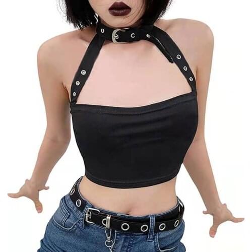 Goth Girl Sleeveless Punk Crop Top Women Casual Sexy Halter Top Streetwear Off Shoulder Tank Top
