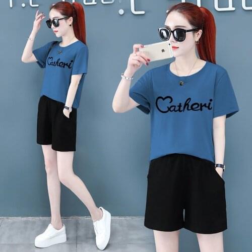 2021 Summer New Womens Sports Suit Two-Piece Printing Loose Short-Sleeved Shorts Casual Gym Fashion Thin Tide Solid Tracksuit