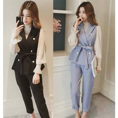 3 Piece Outfits Womens Spring and Autumn Vest and White Chiffon Long Sleeve Crop Tops + Pants Suit Sets for Women Clothing 2021