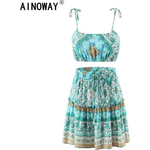 Vintage chic Women two piece outfits strap Sleeveless tops Bohemian Drawstring mini skirts 2 pieces rayon cotton Boho sets