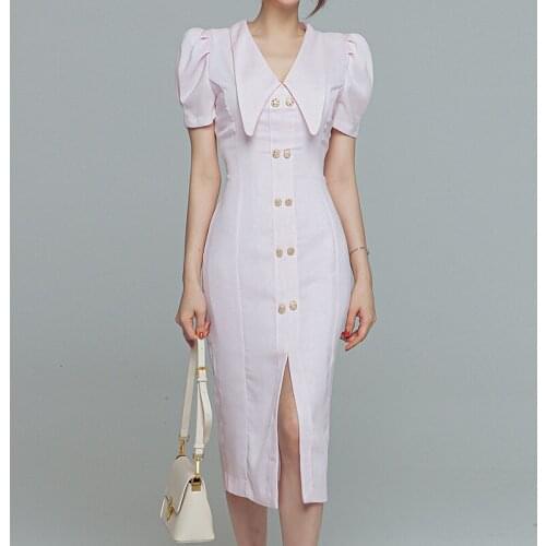 New arrival fashion pencil dress women elegant summer puff sleeve doll collar temperament OL work style solid slim split dress