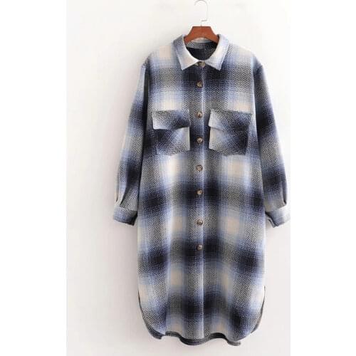 ZA New Women Grid Print Overcoat Long Sleeve Loose Big Size Woolen Coats Windproof Warm Outwear Thickening Jacket
