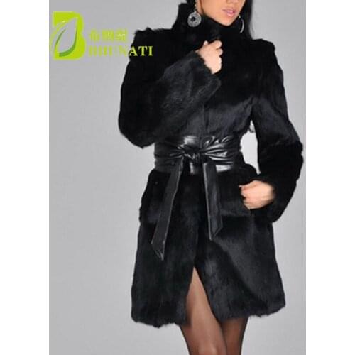 Winter Black Long Faux Fur Coat Women Stand Collar Thick Warm Womens Faux Fur Coat With Belt Long Sleeve Overcoat Femme
