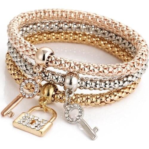 3 Pcs/set Crystal Key Lock Pendant Charm Bracelets Set For Women Girls Best Friend Gifts Elastic Rope Chain Bracelets & Bangles