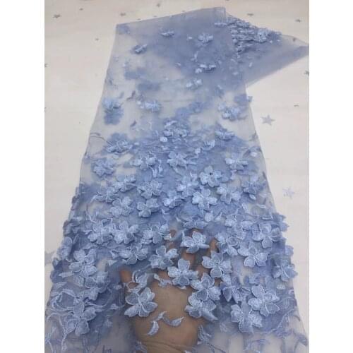 5yards/pc) Excellent 3D flowers appliqued African tulle lace sky blue French net lace fabric for graceful party dress FZX079