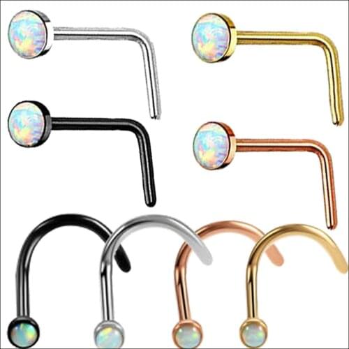 BOG-1PC Surgical Steel Fire Opal Stone L Shape Nose Screw Stud Piercing Ring OP17 Normal Nose Bone Ring Piercing body jewelry