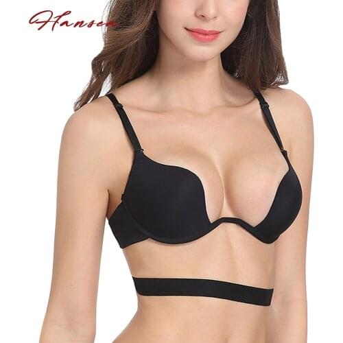 Black Deep U Plunge Push Up Bra Women Demi Backless Underwire Bra Sexy Underwear Intimates Female Low Back Red-Carpet Lingerie