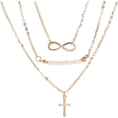Golden Three Layers Alloy Pendants Choker Necklace For Women Golden Simulated Pearl Beads Cross Figure Eight Neck Chains