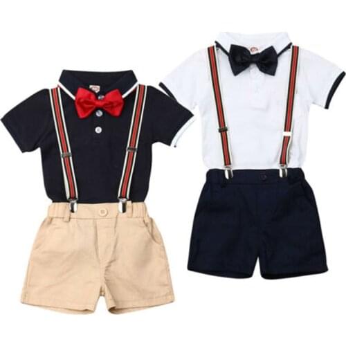 Boiiwant 9M-5Y Children Summer Toddler Kid Baby Boy Gentleman Outfit Formal Party Bow Tie Shirt Tops Overalls Bib Shorts Set