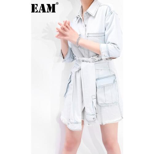 [EAM] Light Blue Skirt Denim Irregular Two Pieces Suit New Lapel Half Sleeve Loose Women Fashion Spring Autumn 2021 1Y33105M