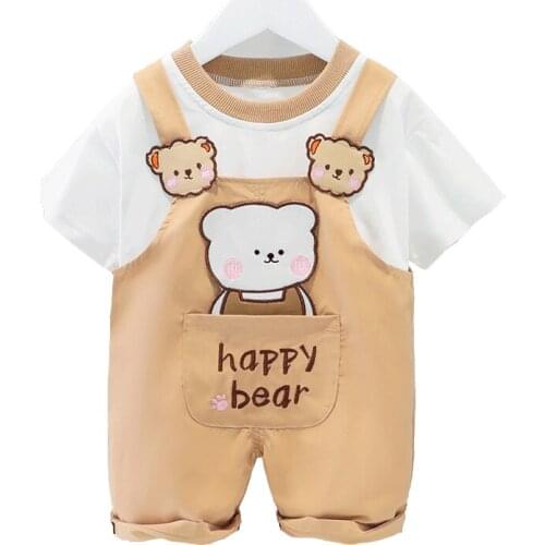 Baby Girls Costume Set 2021 Summer New Cute Girls Kids Short-Sleeved T-Shirt And Cartoon Straps Shorts 2Pcs/Suit Child Clothing