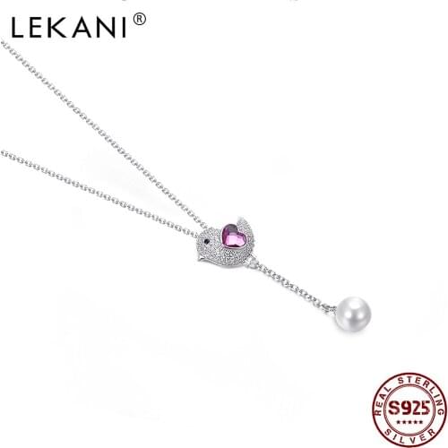 LEKANI Cute Bird 925 Sterling Silver Heart Austria Crystal Pendant Necklace Shell Pearl Double Pendant New Arrivals Jewelry