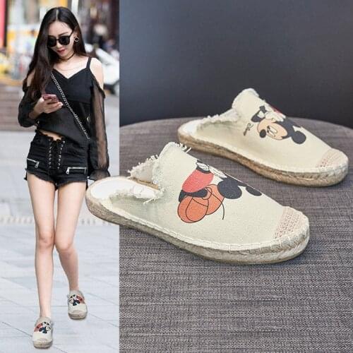 Disney wear-resistant non-slip net red casual slippers summer 2021 new flat canvas womens shoes Mickey Baotou slippers