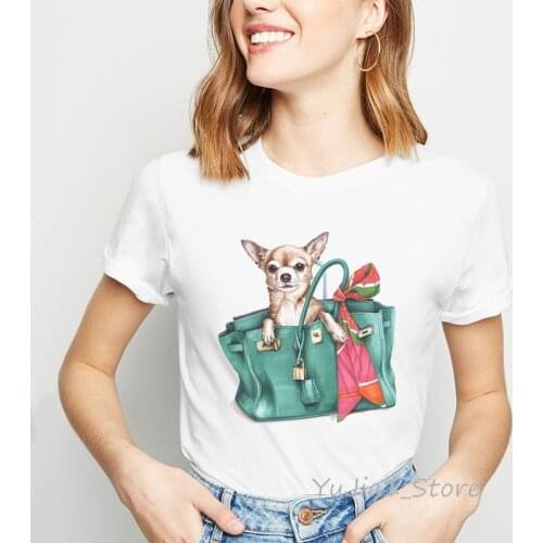 Cute Chihuahua in bag print women shirt dog lover clothes tee shirt femme kawaii t shirt white female t-shirt DIY custom tshirt