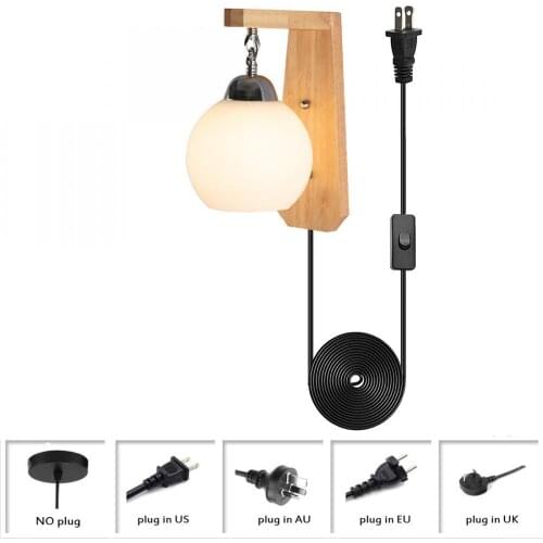Nordic Solid Wood Plug In Wall Lamp, White Glass Ball Wall Sconces Small Wall Lighting, Bedroom Bedside Decoration Wall Light