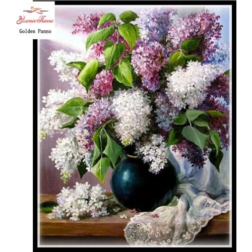 Needlework,DIY DMC 14CT unprinted Cross stitch Embroidery,Lilac Flowers Counted White canvas Cross-Stitching handmade