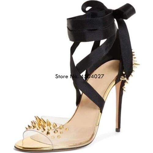 Sexy Strappy PVC Clear Sandals Pumps Rivets Studded High Heels Transparent Ankle Strap Stilettos Heels Fashion Shoes