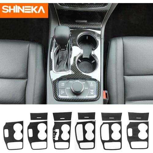 SHINEKA Carbon Fiber Car Gear Shift Panel Water Cup Holder Front Storage Box Panel Cover Stickers For Jeep Grand Cherokee 2011