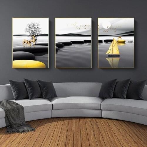 Modern Landscape Poster Black Yellow Stone Boat Deer Wall Art Canvas Painting Nordic Print Wall Pictures Living Room Decoration